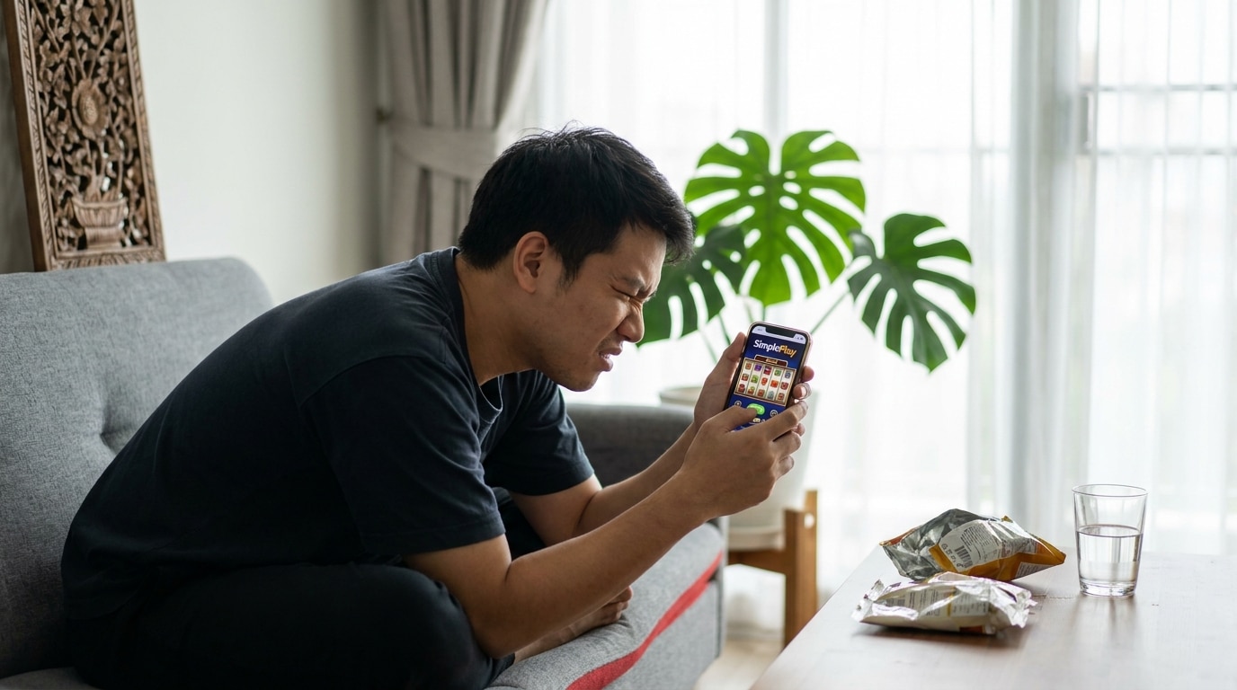 ภาพชายไทยกำลังจดจ่อกับการใช้เทคนิคเล่นสล็อต SimplePlay บนมือถือในห้องนั่งเล่นอย่างตั้งใจ เพื่อเล่นสล็อตให้ได้เงินจริง