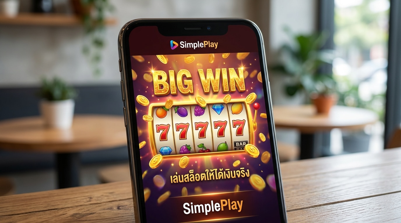 ภาพระยะใกล้ของหน้าจอสมาร์ทโฟนที่แสดงผลเกมสล็อต SimplePlay กำลังแสดงรางวัลใหญ่ เน้นการเล่นสล็อตให้ได้เงินจริงด้วยเทคนิคการปั่น