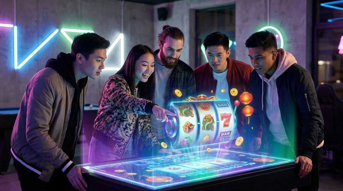 ภาพกลุ่มคนกำลังเล่นเกมสล็อต SimplePlay บนหน้าจอโฮโลแกรมที่ทันสมัย แสดงกราฟิก 3D สวยงามพร้อมธีมเอเชีย