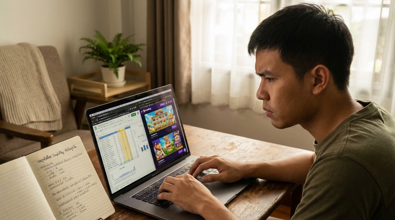 ชายไทยกำลังจดจ่อกับการวิเคราะห์ข้อมูลกลยุทธ์สล็อต SimplePlay บนแล็ปท็อปและสมุดบันทึกในห้องทำงานที่บ้าน แสดงให้เห็นถึงการวางแผนอย่างรอบคอบเพื่อทำเงินจากการเล่นสล็อต SimplePlay ทุกวัน.