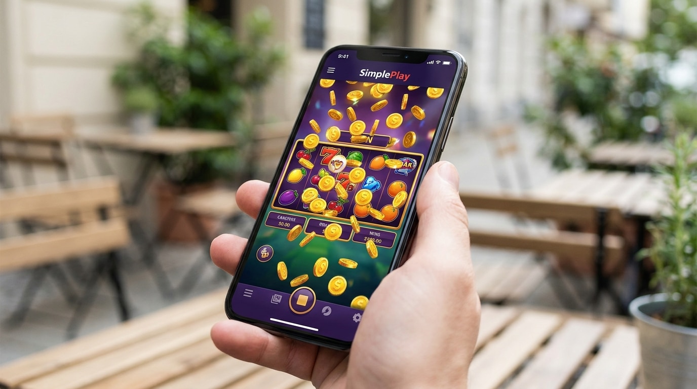 ภาพระยะใกล้ของหน้าจอสมาร์ทโฟนที่แสดงเกมสล็อต SimplePlay ที่มีชีวิตชีวา พร้อมเหรียญที่โปรยปรายลงมา สื่อถึงการทำเงินจริงจากการปั่นสล็อตได้ทุกที่