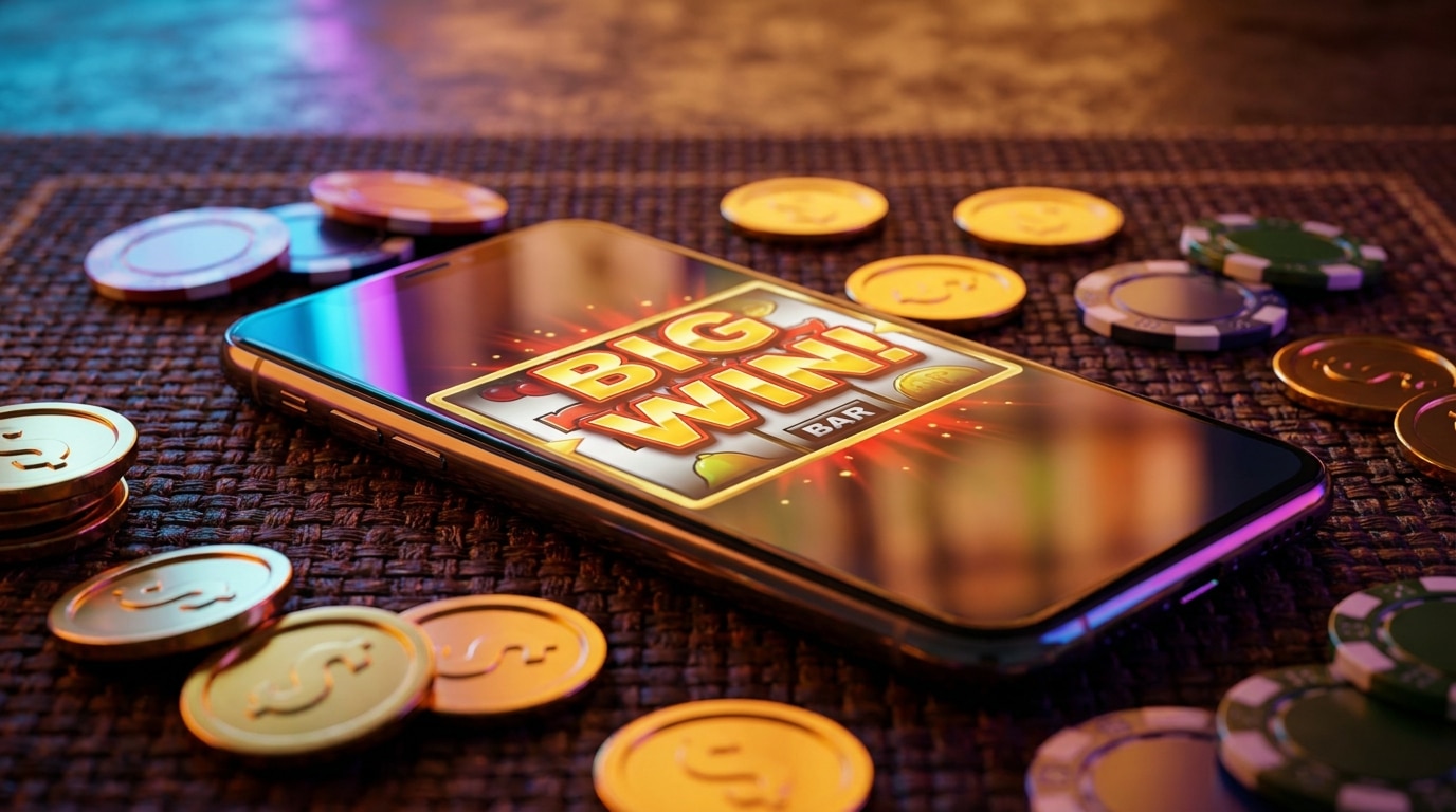 ภาพมุมต่ำของสมาร์ทโฟนที่แสดงหน้าจอเกมสล็อตออนไลน์ "BIG WIN!" พร้อมเหรียญทองและชิปคาสิโนที่จัดวางแบบ flat-lay บนพื้นผิวสีเข้ม ภายใต้แสงไฟนีออนสีสันสดใส สื่อถึงความตื่นเต้นและรางวัลจากการเล่นเกมมือถือ