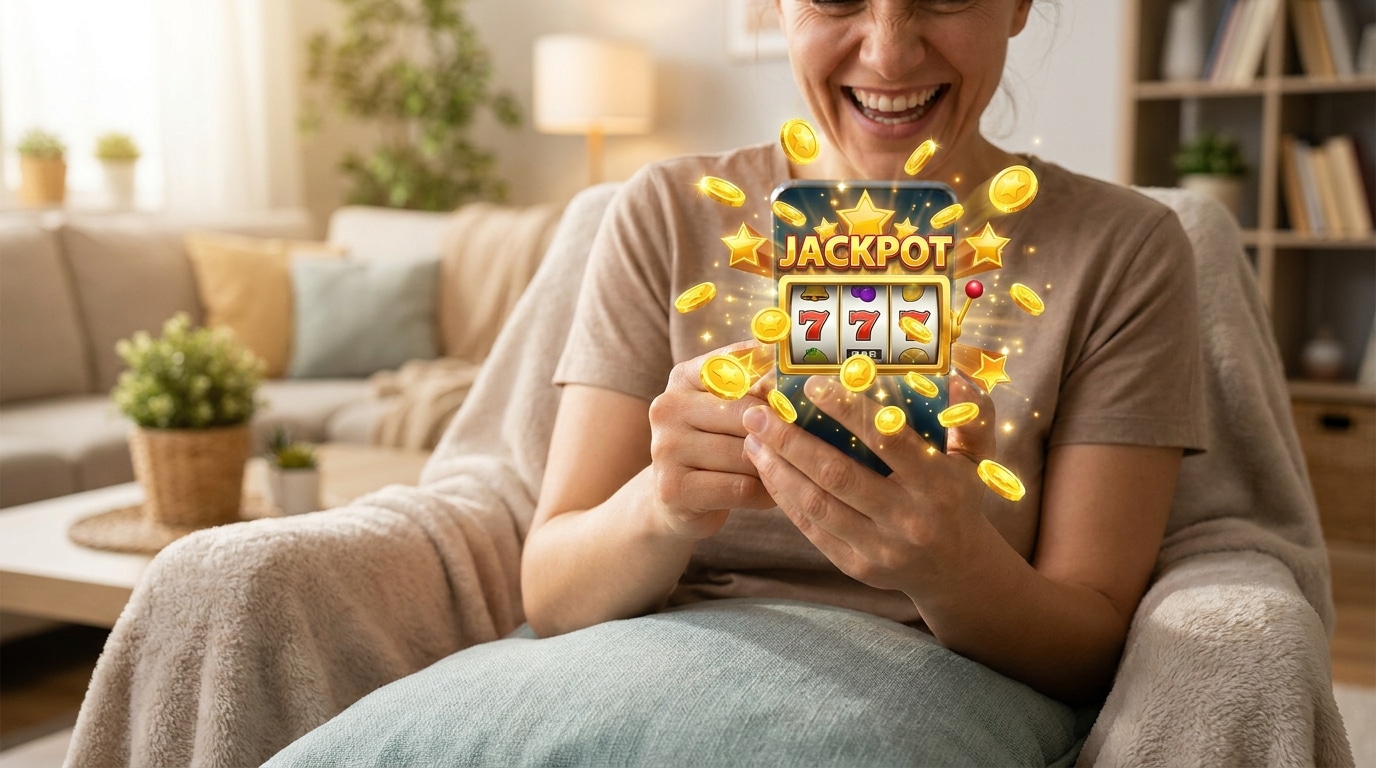ผู้เล่นกำลังยิ้มแย้มและดูสนุกสนานขณะเล่นเกมสล็อต SimplePlay แตกง่ายบนมือถือ พร้อมเหรียญดิจิทัลและสัญลักษณ์แจ็คพอตที่พุ่งออกมาจากหน้าจอ แสดงถึงความตื่นเต้นและโอกาสในการชนะที่ง่าย