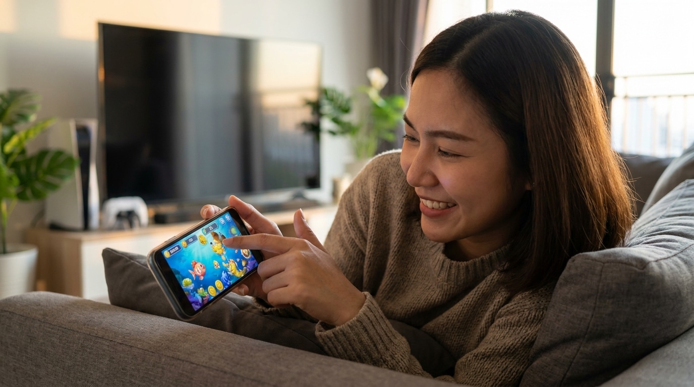 รีวิว SimplePlay: ภาพหญิงสาวชาวไทยกำลังเล่นเกมยิงปลา SimplePlay อย่างสนุกสนานบนสมาร์ทโฟนในห้องนั่งเล่นของเธอ ซึ่งแสดงถึงวิธีเล่นเกมยิงปลา SimplePlay ให้ได้เงิน