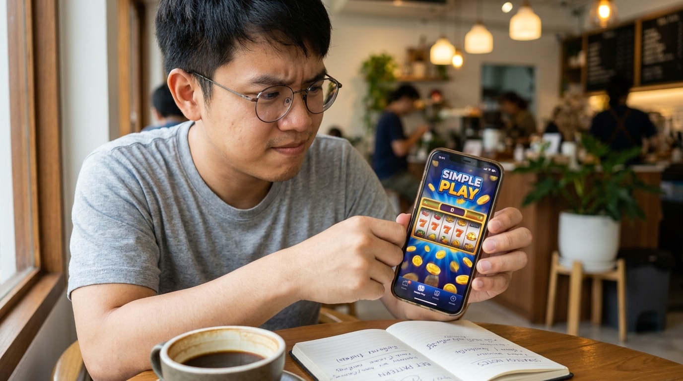 เทคนิคเล่นสล็อต Simple Play: ชายหนุ่มชาวไทยกำลังตั้งใจวิเคราะห์เกมสล็อต Simple Play บนสมาร์ทโฟนในร้านกาแฟ บ่งบอกถึงการใช้กลยุทธ์เพื่อทำเงิน