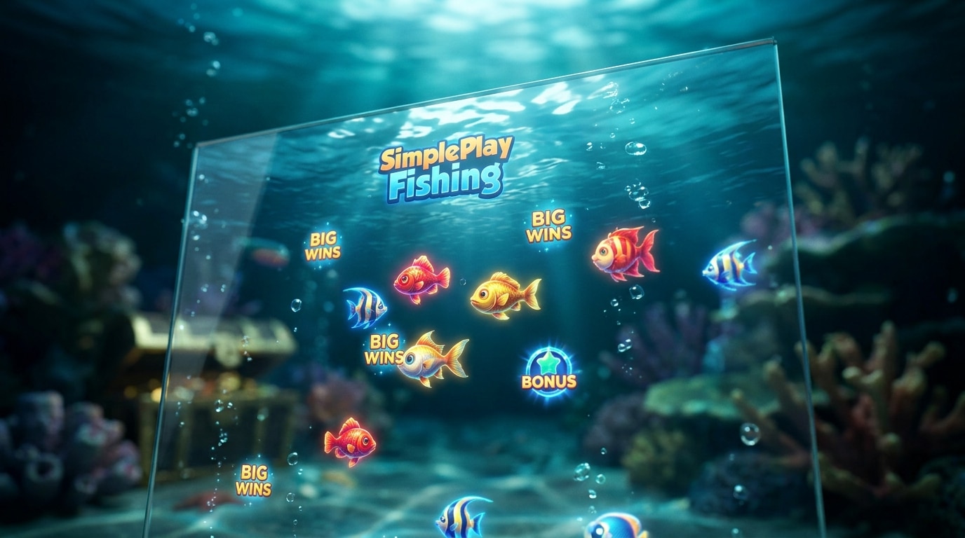 ภาพมาโครระยะใกล้ของกราฟิกปลาหลากสีสันจากเกมยิงปลา SimplePlay ที่กำลังเคลื่อนไหวบนหน้าจอขนาดใหญ่ แสดงให้เห็นถึงรายละเอียดของเกมและโอกาสในการทำเงิน