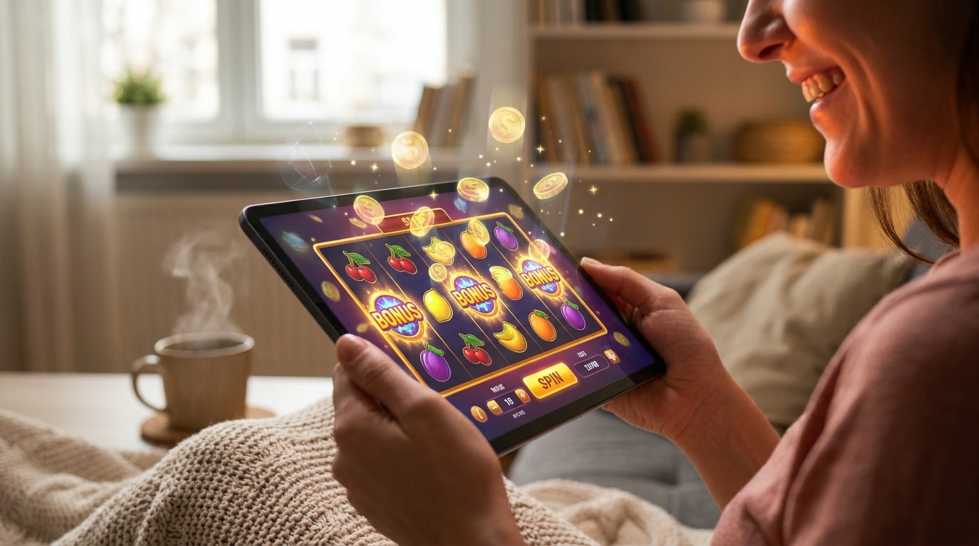ภาพถ่ายบุคคลกำลังทดลองเล่นฟรีเกมสล็อต SimplePlay บนแท็บเล็ตในบรรยากาศผ่อนคลาย แสดงความตื่นเต้นกับเกมที่มี RTP สูงและแตกง่าย