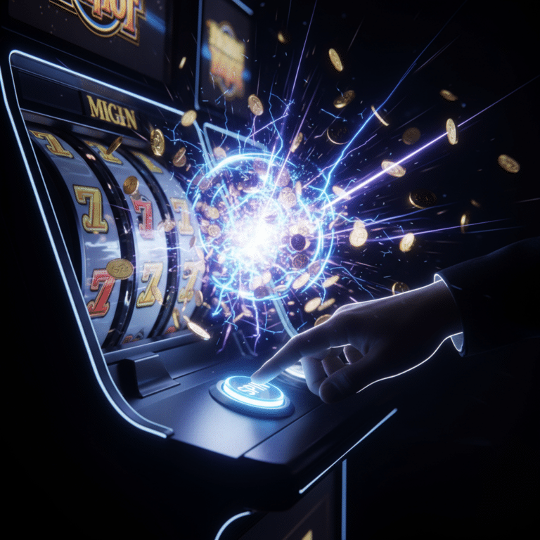 ภาพกลยุทธ์การเล่นสล็อต SimplePlay ที่น่าตื่นเต้น มือผู้เล่นกำลังเตรียมกดสปินขณะที่แจ็กพอตแตกง่ายและเหรียญทองสว่างไสวกำลังพุ่งกระจายอย่างอลังการจากเครื่องสล็อตไฮเทค