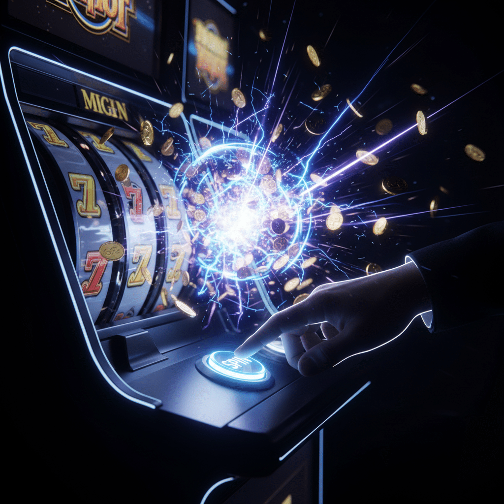 ภาพกลยุทธ์การเล่นสล็อต SimplePlay ที่น่าตื่นเต้น มือผู้เล่นกำลังเตรียมกดสปินขณะที่แจ็กพอตแตกง่ายและเหรียญทองสว่างไสวกำลังพุ่งกระจายอย่างอลังการจากเครื่องสล็อตไฮเทค