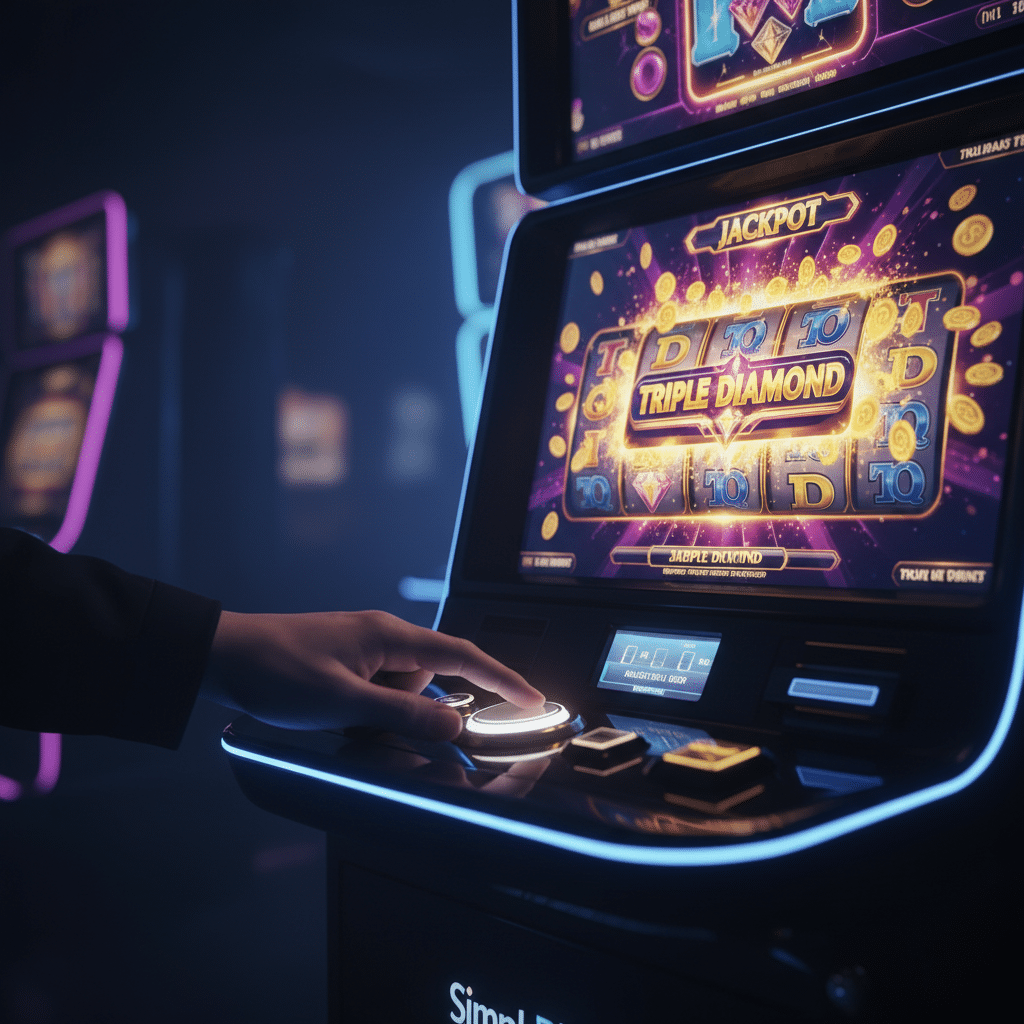 ภาพมือที่กำลังกดปุ่มสปินบนเครื่องสล็อต SimplePlay ที่แสดงผลชนะเลิศอย่างน่าตื่นเต้น พร้อมกลยุทธ์ทำกำไรสูงสุด