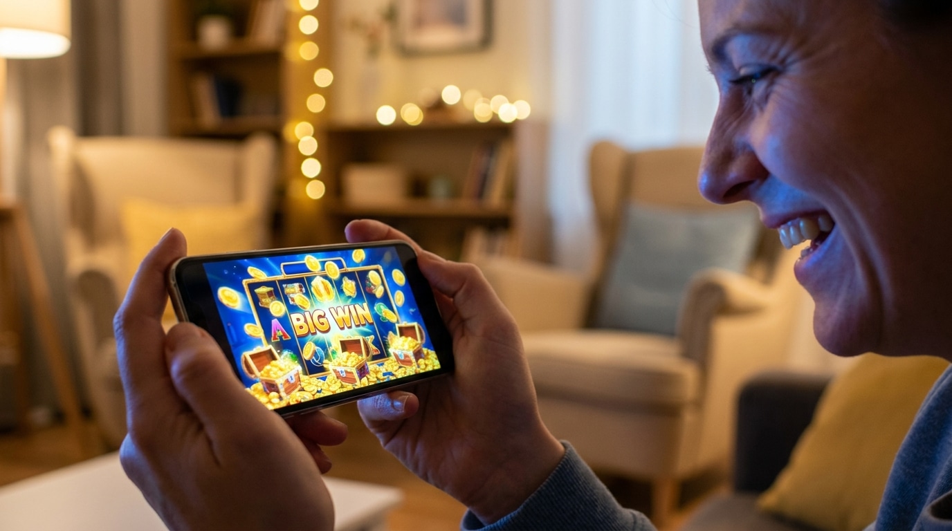 ภาพบุคคลกำลังดูหน้าจอสมาร์ทโฟนที่แสดงเกมสล็อต SimplePlay อย่างตื่นเต้น โดยมีเหรียญและสัญลักษณ์แห่งชัยชนะปรากฏอยู่บนหน้าจอ ซึ่งเป็นตัวแทนของเทคนิคเล่นสล็อต SimplePlay ที่ประสบความสำเร็จ