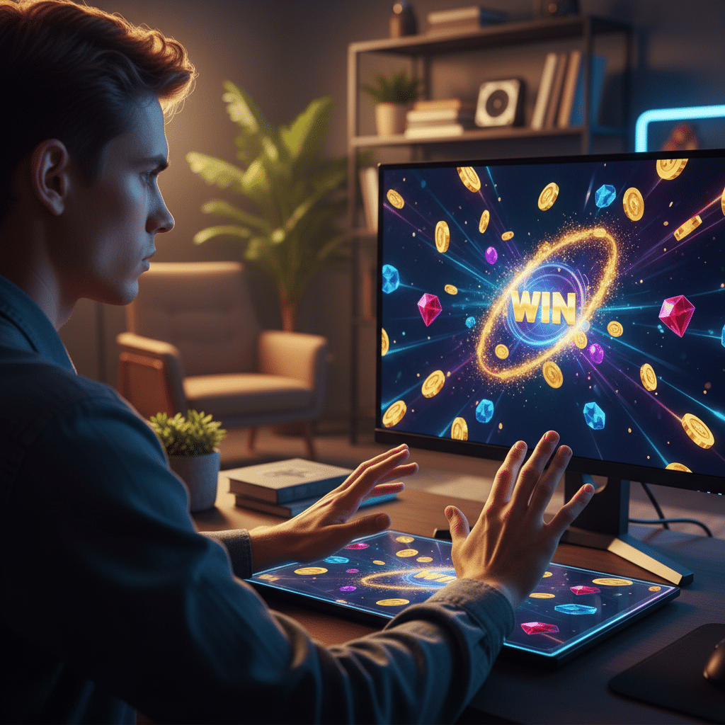 ภาพถ่ายแนว cinematic แสดงเทคนิคปั่นสล็อต SimplePlay โดยผู้เล่นกำลังใช้สูตรสล็อต SimplePlay อย่างมุ่งมั่นบนหน้าจอที่แสดงสัญลักษณ์แห่งชัยชนะ เพื่อเน้นเคล็ดลับสล็อต SimplePlay ให้ได้เงินจริง.