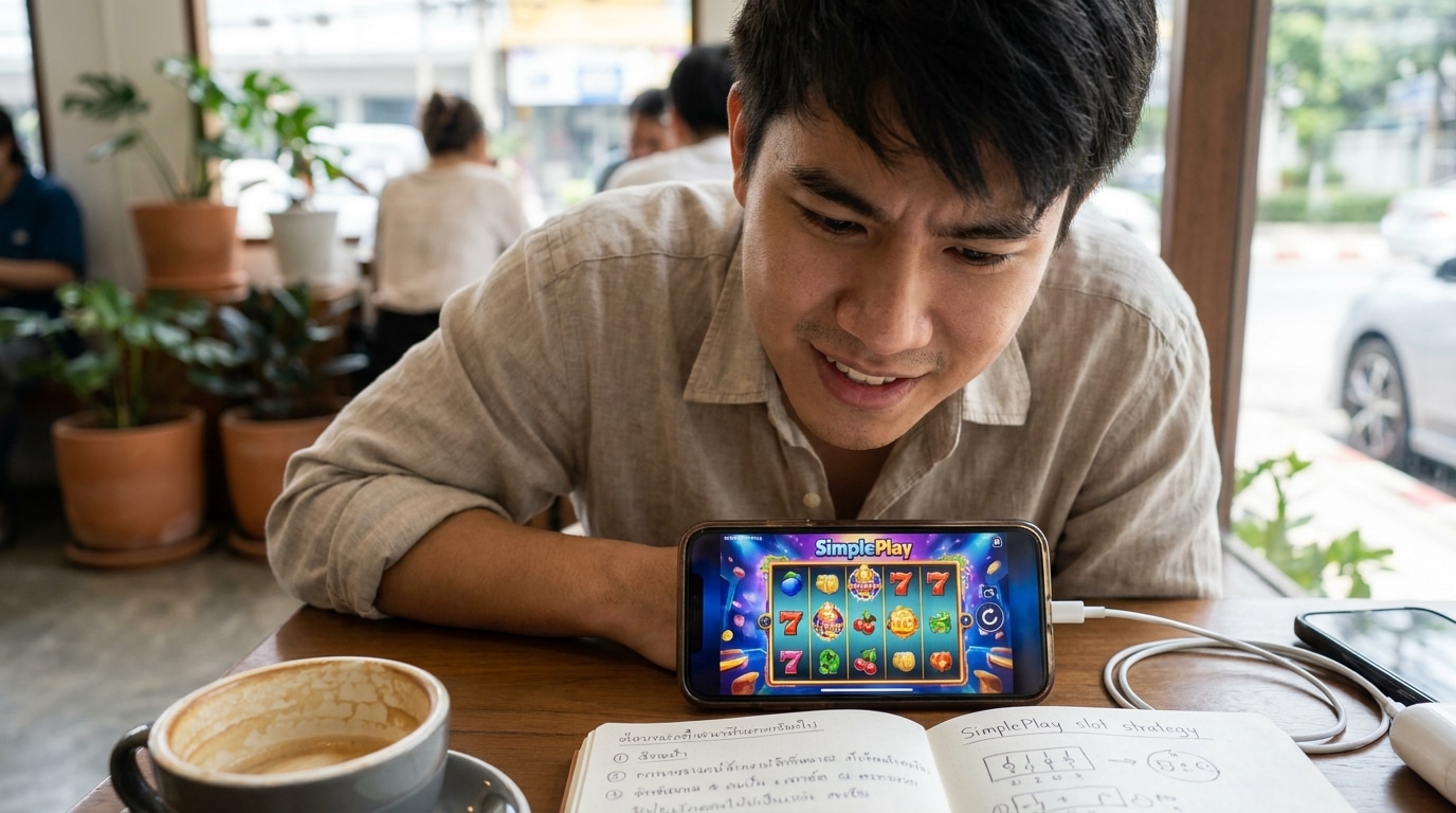 ภาพชายไทยกำลังจดจ่อกับการเล่นสล็อต SimplePlay บนสมาร์ทโฟนในคาเฟ่ แสดงถึงเทคนิคปั่นสล็อต SimplePlay เพื่อทำกำไรอย่างจริงจัง