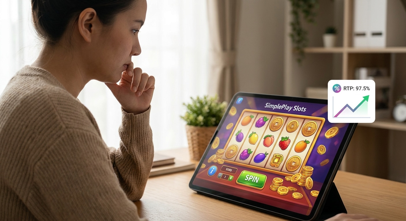 ภาพผู้หญิงกำลังวิเคราะห์หน้าจอเกมสล็อต SimplePlay ที่มีค่า RTP สูง เพื่อเพิ่มโอกาสชนะ แสดงถึงการเล่นเกมอย่างมีกลยุทธ์